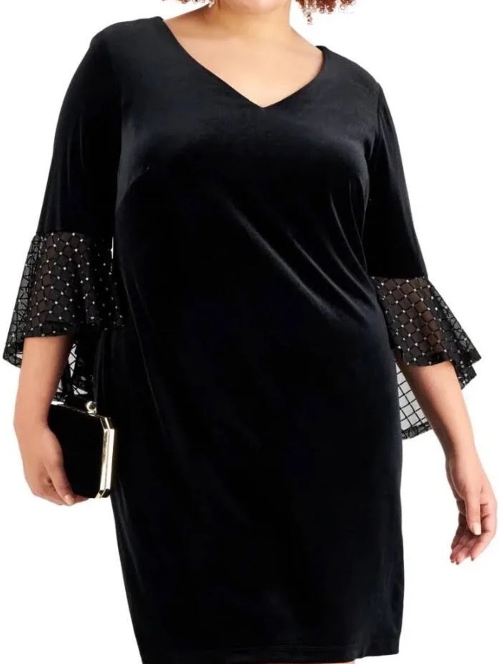 connected apparel Black Velvet V-Neck Midi Dress with Embellished Mesh Sleeves